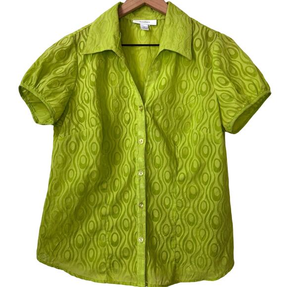 Y2K Button Down Blouse Size Medium Lime Green Puff Sleeve Clueless 90s Sheer - Picture 1 of 7